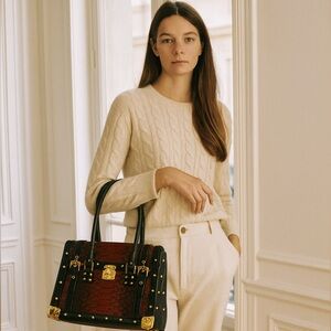 Red & Black Studded Snakeskin Satchel Tote with Gold Hardware